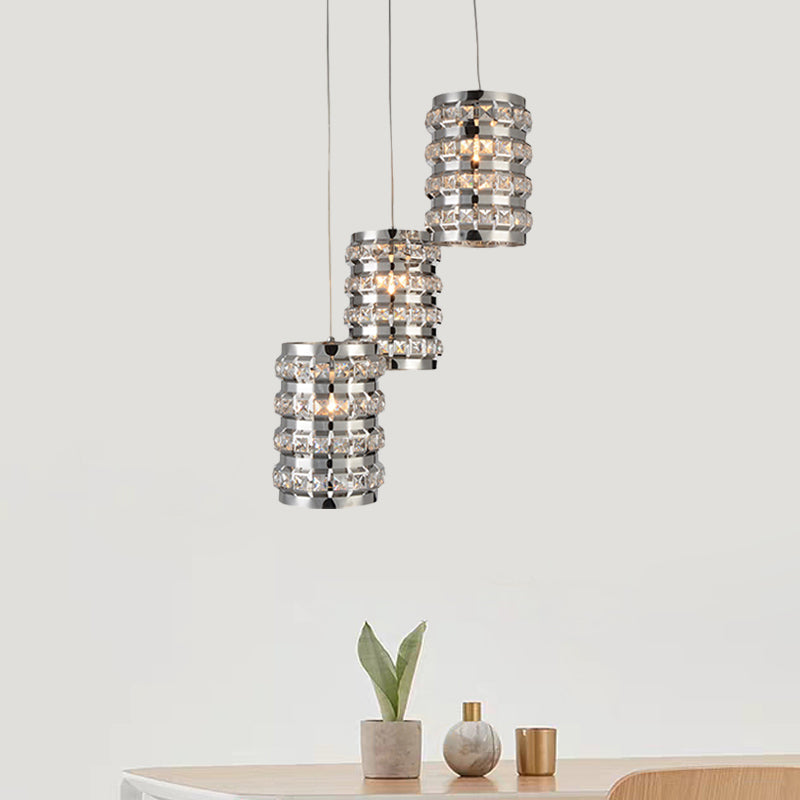 Cylinder Crystal Multi-Light Pendant Contemporary 3 Lights Chrome Finish Ceiling Suspension Lamp Clearhalo 'Ceiling Lights' 'Modern Pendants' 'Modern' 'Pendant Lights' 'Pendants' Lighting' 968614