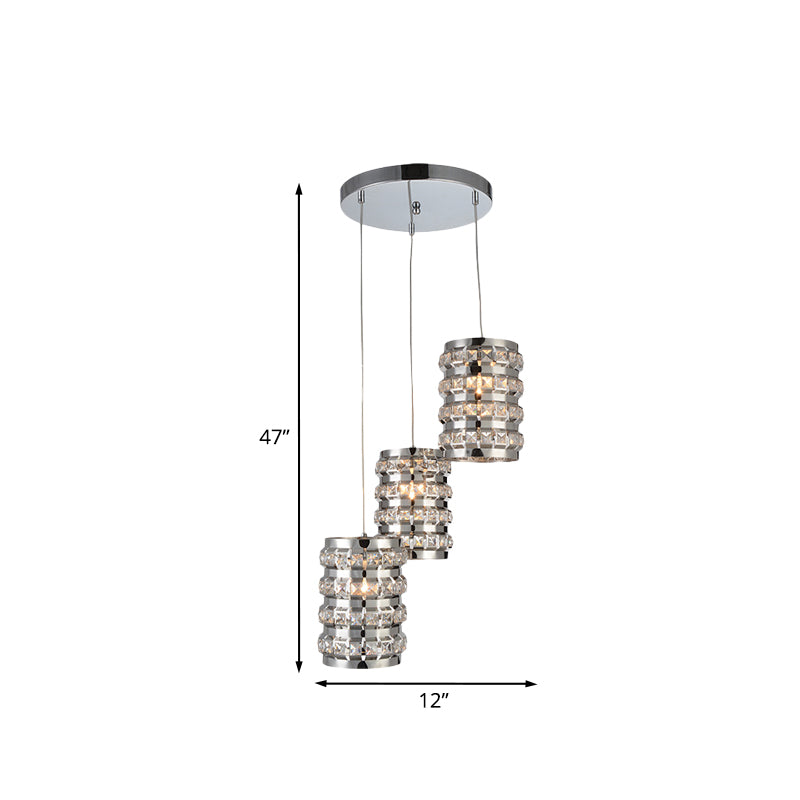 Cylinder Crystal Multi-Light Pendant Contemporary 3 Lights Chrome Finish Ceiling Suspension Lamp Clearhalo 'Ceiling Lights' 'Modern Pendants' 'Modern' 'Pendant Lights' 'Pendants' Lighting' 968616