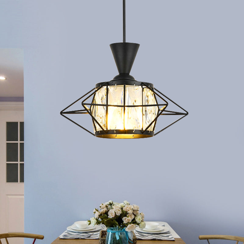 Wire Cage Hanging Pendant Light Modern Metal 1 Light Dining Room Ceiling Lamp in Black/Gold with Drum Crystal Shade Black Clearhalo 'Ceiling Lights' 'Modern Pendants' 'Modern' 'Pendant Lights' 'Pendants' Lighting' 968621