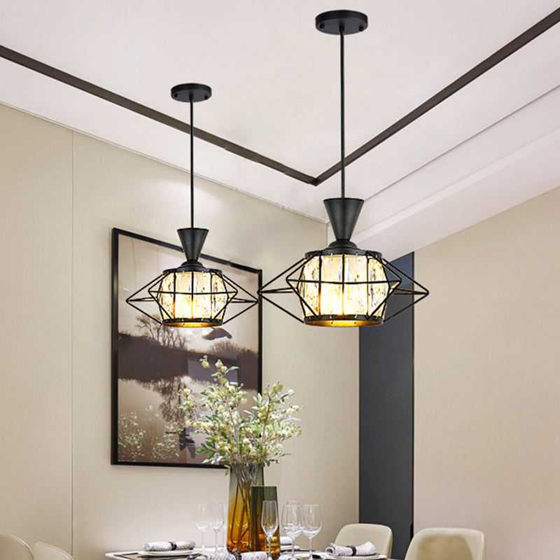 Wire Cage Hanging Pendant Light Modern Metal 1 Light Dining Room Ceiling Lamp in Black/Gold with Drum Crystal Shade Clearhalo 'Ceiling Lights' 'Modern Pendants' 'Modern' 'Pendant Lights' 'Pendants' Lighting' 968622