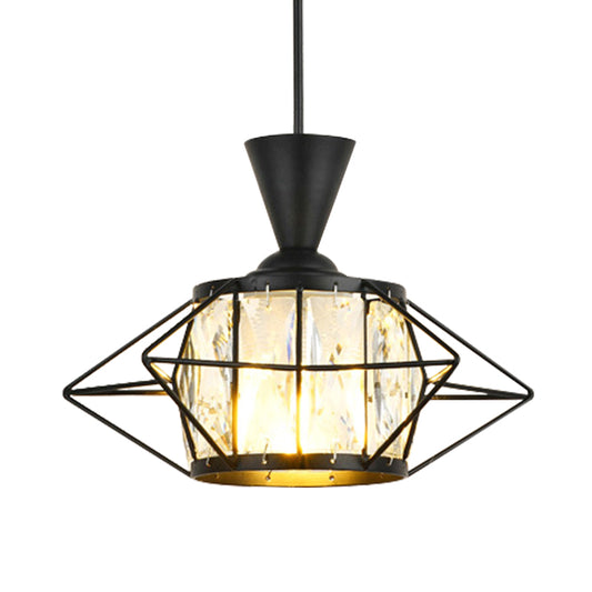 Wire Cage Hanging Pendant Light Modern Metal 1 Light Dining Room Ceiling Lamp in Black/Gold with Drum Crystal Shade Clearhalo 'Ceiling Lights' 'Modern Pendants' 'Modern' 'Pendant Lights' 'Pendants' Lighting' 968623