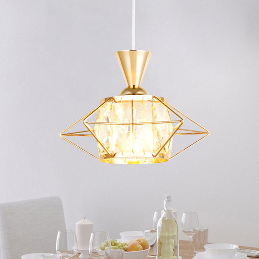 Wire Cage Hanging Pendant Light Modern Metal 1 Light Dining Room Ceiling Lamp in Black/Gold with Drum Crystal Shade Gold Clearhalo 'Ceiling Lights' 'Modern Pendants' 'Modern' 'Pendant Lights' 'Pendants' Lighting' 968625