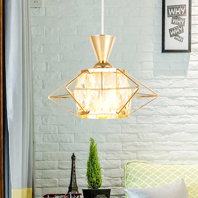 Wire Cage Hanging Pendant Light Modern Metal 1 Light Dining Room Ceiling Lamp in Black/Gold with Drum Crystal Shade Clearhalo 'Ceiling Lights' 'Modern Pendants' 'Modern' 'Pendant Lights' 'Pendants' Lighting' 968626