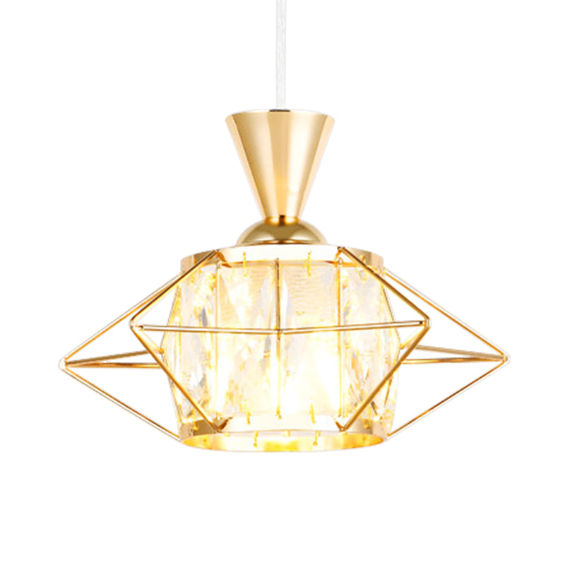 Wire Cage Hanging Pendant Light Modern Metal 1 Light Dining Room Ceiling Lamp in Black/Gold with Drum Crystal Shade Clearhalo 'Ceiling Lights' 'Modern Pendants' 'Modern' 'Pendant Lights' 'Pendants' Lighting' 968628