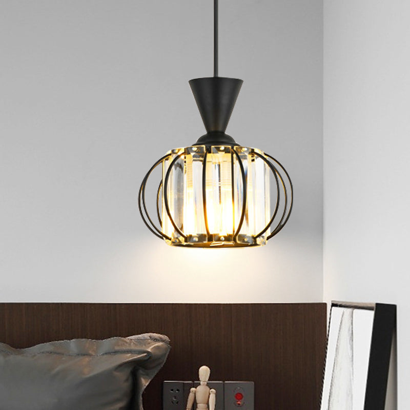 Contemporary Lantern Hanging Lamp Kit Metallic 1 Bulb Bedroom Pendant Light with Inner Drum Crystal Shade in Black/Gold Black Clearhalo 'Ceiling Lights' 'Modern Pendants' 'Modern' 'Pendant Lights' 'Pendants' Lighting' 968629