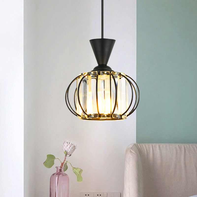 Contemporary Lantern Hanging Lamp Kit Metallic 1 Bulb Bedroom Pendant Light with Inner Drum Crystal Shade in Black/Gold Clearhalo 'Ceiling Lights' 'Modern Pendants' 'Modern' 'Pendant Lights' 'Pendants' Lighting' 968630