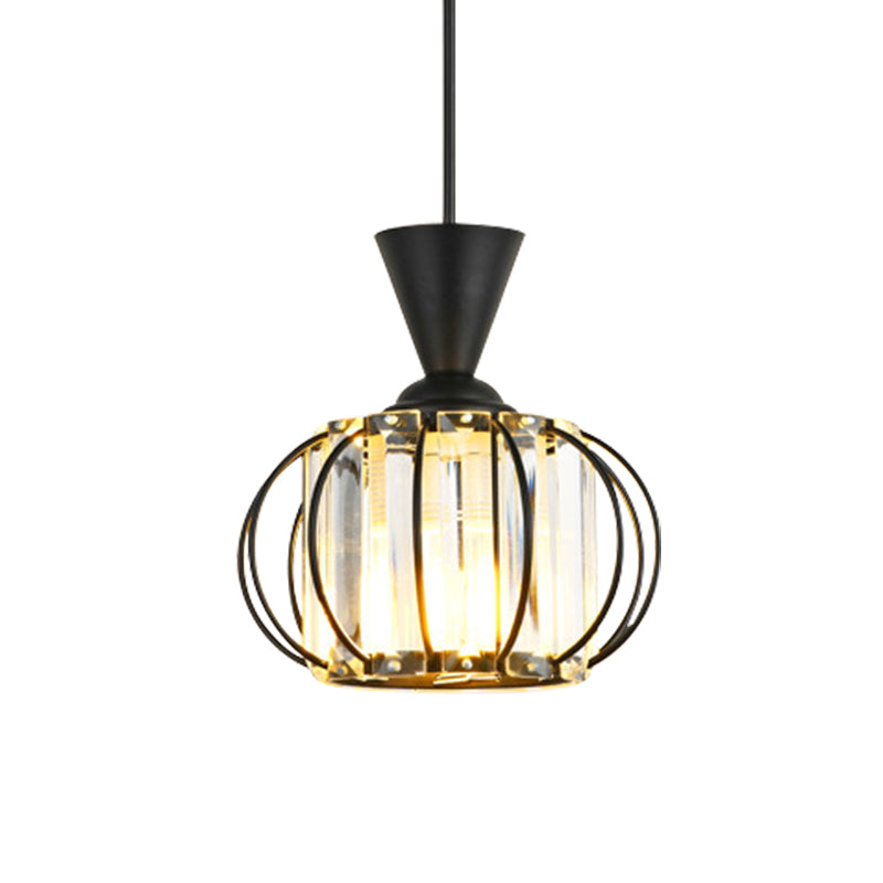 Contemporary Lantern Hanging Lamp Kit Metallic 1 Bulb Bedroom Pendant Light with Inner Drum Crystal Shade in Black/Gold Clearhalo 'Ceiling Lights' 'Modern Pendants' 'Modern' 'Pendant Lights' 'Pendants' Lighting' 968631