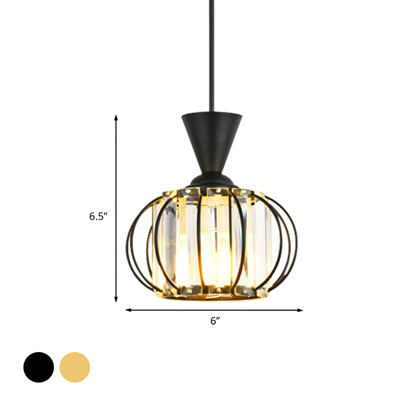 Contemporary Lantern Hanging Lamp Kit Metallic 1 Bulb Bedroom Pendant Light with Inner Drum Crystal Shade in Black/Gold Clearhalo 'Ceiling Lights' 'Modern Pendants' 'Modern' 'Pendant Lights' 'Pendants' Lighting' 968632