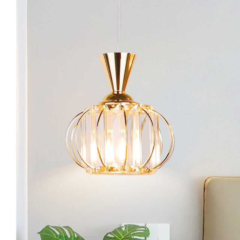 Contemporary Lantern Hanging Lamp Kit Metallic 1 Bulb Bedroom Pendant Light with Inner Drum Crystal Shade in Black/Gold Gold Clearhalo 'Ceiling Lights' 'Modern Pendants' 'Modern' 'Pendant Lights' 'Pendants' Lighting' 968633