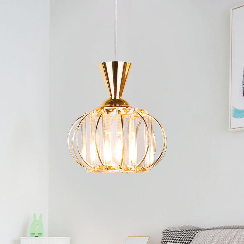 Contemporary Lantern Hanging Lamp Kit Metallic 1 Bulb Bedroom Pendant Light with Inner Drum Crystal Shade in Black/Gold Clearhalo 'Ceiling Lights' 'Modern Pendants' 'Modern' 'Pendant Lights' 'Pendants' Lighting' 968635