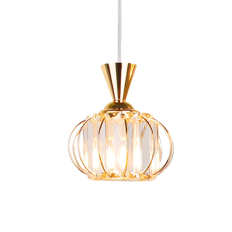 Contemporary Lantern Hanging Lamp Kit Metallic 1 Bulb Bedroom Pendant Light with Inner Drum Crystal Shade in Black/Gold Clearhalo 'Ceiling Lights' 'Modern Pendants' 'Modern' 'Pendant Lights' 'Pendants' Lighting' 968636