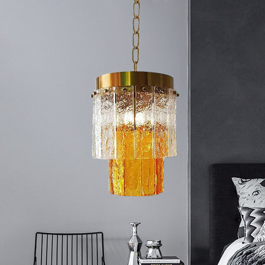 2-Tiered Dining Room Hanging Light Fixture Yellow Textured Glass 1 Head Minimal Style Pendant Lamp Yellow Clearhalo 'Ceiling Lights' 'Modern Pendants' 'Modern' 'Pendant Lights' 'Pendants' Lighting' 968650