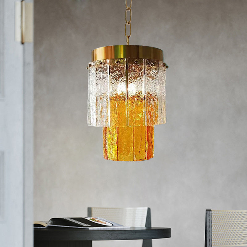 2-Tiered Dining Room Hanging Light Fixture Yellow Textured Glass 1 Head Minimal Style Pendant Lamp Clearhalo 'Ceiling Lights' 'Modern Pendants' 'Modern' 'Pendant Lights' 'Pendants' Lighting' 968651