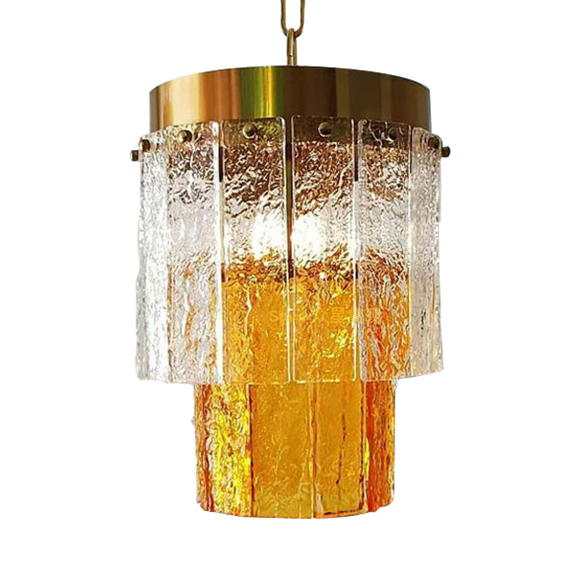 2-Tiered Dining Room Hanging Light Fixture Yellow Textured Glass 1 Head Minimal Style Pendant Lamp Clearhalo 'Ceiling Lights' 'Modern Pendants' 'Modern' 'Pendant Lights' 'Pendants' Lighting' 968652