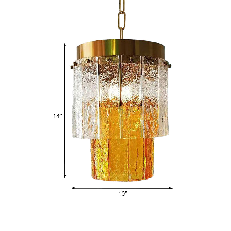 2-Tiered Dining Room Hanging Light Fixture Yellow Textured Glass 1 Head Minimal Style Pendant Lamp Clearhalo 'Ceiling Lights' 'Modern Pendants' 'Modern' 'Pendant Lights' 'Pendants' Lighting' 968653