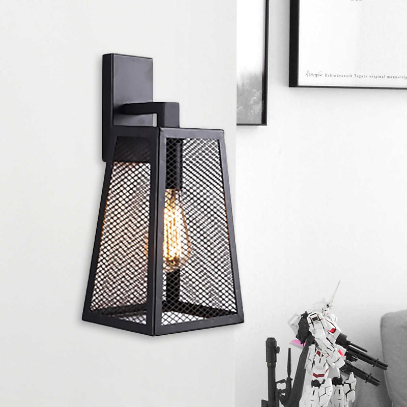 Black Mesh Cage Sconce Lamp with Trapezoid Shade Farmhouse Style Metal 1 Light Indoor Wall Sconce Light Clearhalo 'Art deco wall lights' 'Cast Iron' 'Glass' 'Industrial wall lights' 'Industrial' 'Middle century wall lights' 'Modern' 'Rustic wall lights' 'Tiffany' 'Traditional wall lights' 'Wall Lamps & Sconces' 'Wall Lights' Lighting' 968867