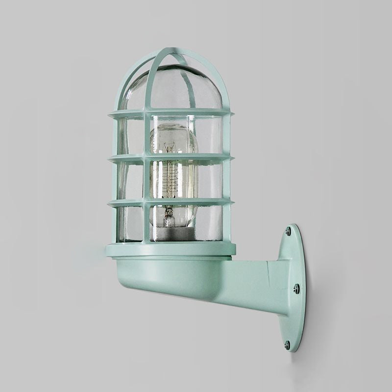 Cylinder Clear Glass Wall Mounted Lamp Industrial Single Bulb Living Room Sconce Light in Pink/Blue/Green with Cage Clearhalo 'Cast Iron' 'Glass' 'Industrial' 'Modern wall lights' 'Modern' 'Tiffany' 'Traditional wall lights' 'Wall Lamps & Sconces' 'Wall Lights' Lighting' 968917