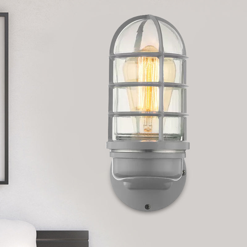 Cylinder Clear Glass Wall Mounted Lamp Industrial Single Bulb Living Room Sconce Light in Pink/Blue/Green with Cage Clearhalo 'Cast Iron' 'Glass' 'Industrial' 'Modern wall lights' 'Modern' 'Tiffany' 'Traditional wall lights' 'Wall Lamps & Sconces' 'Wall Lights' Lighting' 968918