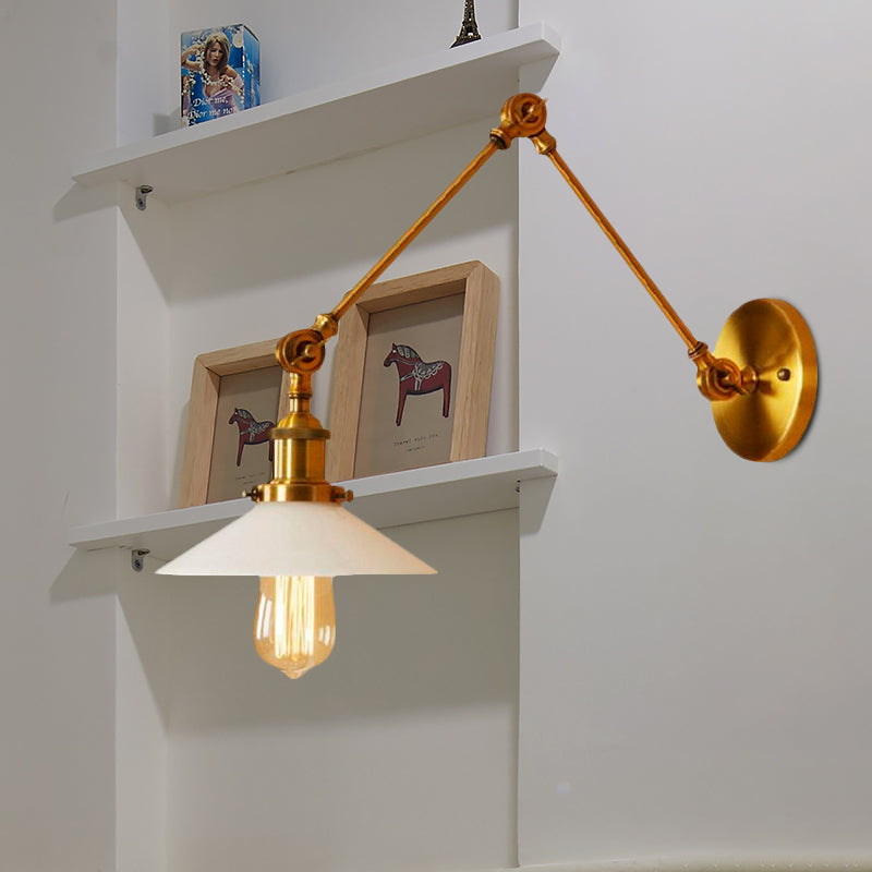 White Glass Brass Wall Sconce Lighting Cone 1-Light Industrial Light Fixture for Bedroom Clearhalo 'Art deco wall lights' 'Cast Iron' 'Glass' 'Industrial wall lights' 'Industrial' 'Middle century wall lights' 'Modern' 'Rustic wall lights' 'Tiffany' 'Traditional wall lights' 'Wall Lamps & Sconces' 'Wall Lights' Lighting' 968932