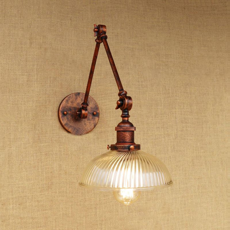 1 Light Ribbed Glass Wall Sconce Light Industrial Antique Brass/Black/Rust Dome Living Room Lighting Fixture with Swing Arm Clearhalo 'Cast Iron' 'Glass' 'Industrial wall lights' 'Industrial' 'Middle century wall lights' 'Modern' 'Tiffany' 'Traditional wall lights' 'Wall Lamps & Sconces' 'Wall Lights' Lighting' 968973