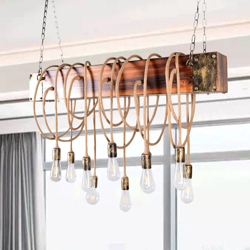 Multi Light Suspension Light Lodge Bare Bulb Metal Island Lighting with Wooden Beam and Cord/Rope in Black/Antique Brass Clearhalo 'Ceiling Lights' 'Island Lights' Lighting' 969024