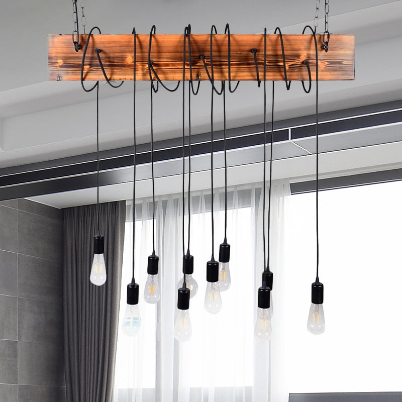 Multi Light Suspension Light Lodge Bare Bulb Metal Island Lighting with Wooden Beam and Cord/Rope in Black/Antique Brass Clearhalo 'Ceiling Lights' 'Island Lights' Lighting' 969025