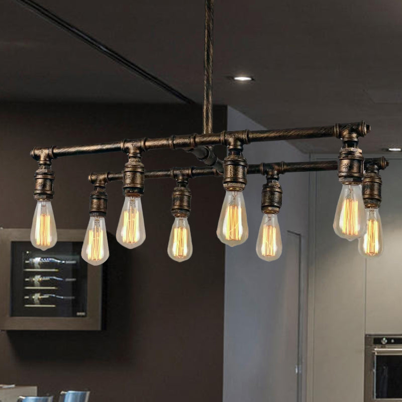 8 Lights Pipe Island Lighting with Open Bulb Industrial Bronze Metallic Pendant Lamp for Restaurant Clearhalo 'Ceiling Lights' 'Island Lights' Lighting' 969059