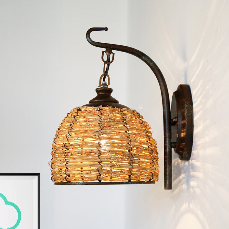 Asian Style Handmade Wall Sconce with Dome Shade Rattan 1 Light Bedroom Wall Mount Lamp in Brown Clearhalo 'Modern wall lights' 'Modern' 'Wall Lamps & Sconces' 'Wall Lights' Lighting' 969068