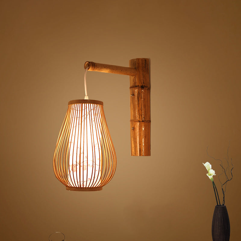 Asian Style Teardrop Sconce Light Bamboo 1 Light Indoor Beige Wall Lamp with Inner Cylindrical Shade Clearhalo 'Modern wall lights' 'Modern' 'Wall Lamps & Sconces' 'Wall Lights' Lighting' 969072