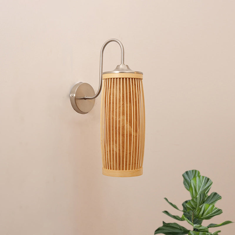 Cylinder Shade Wall Lighting Asian Style Bamboo and Metal 1 Bulb Beige Wall Lamp with Gooseneck Arm Clearhalo 'Modern wall lights' 'Modern' 'Wall Lamps & Sconces' 'Wall Lights' Lighting' 969073