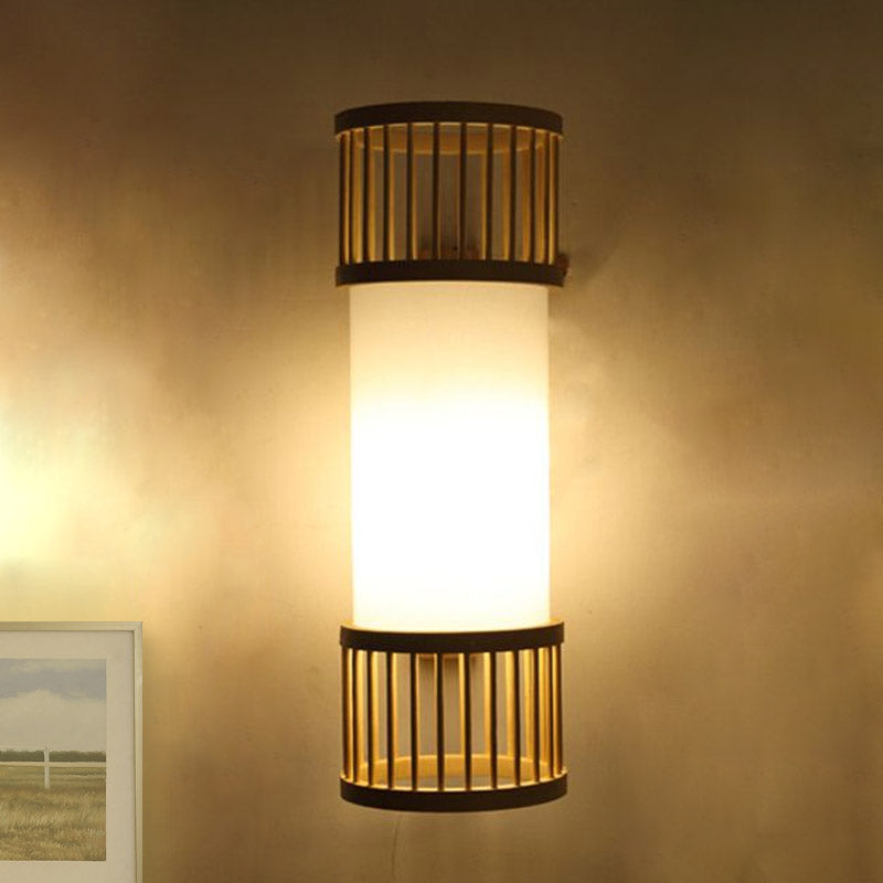 Cylinder Shade Wall Sconce Light Asian Style Bamboo 1-Head Wall Lamp in Beige for Stairway Clearhalo 'Modern wall lights' 'Modern' 'Wall Lamps & Sconces' 'Wall Lights' Lighting' 969074