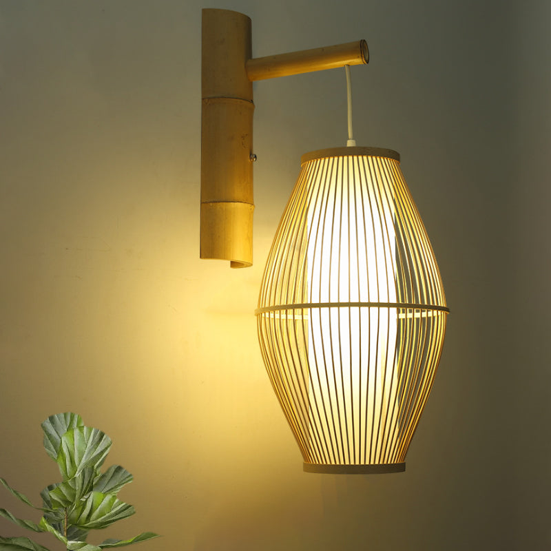 Asian Style Oval Wall Light Sconce with Lantern Design Bamboo 1-Light Living Room Wall Lamp in Beige Clearhalo 'Modern wall lights' 'Modern' 'Wall Lamps & Sconces' 'Wall Lights' Lighting' 969075