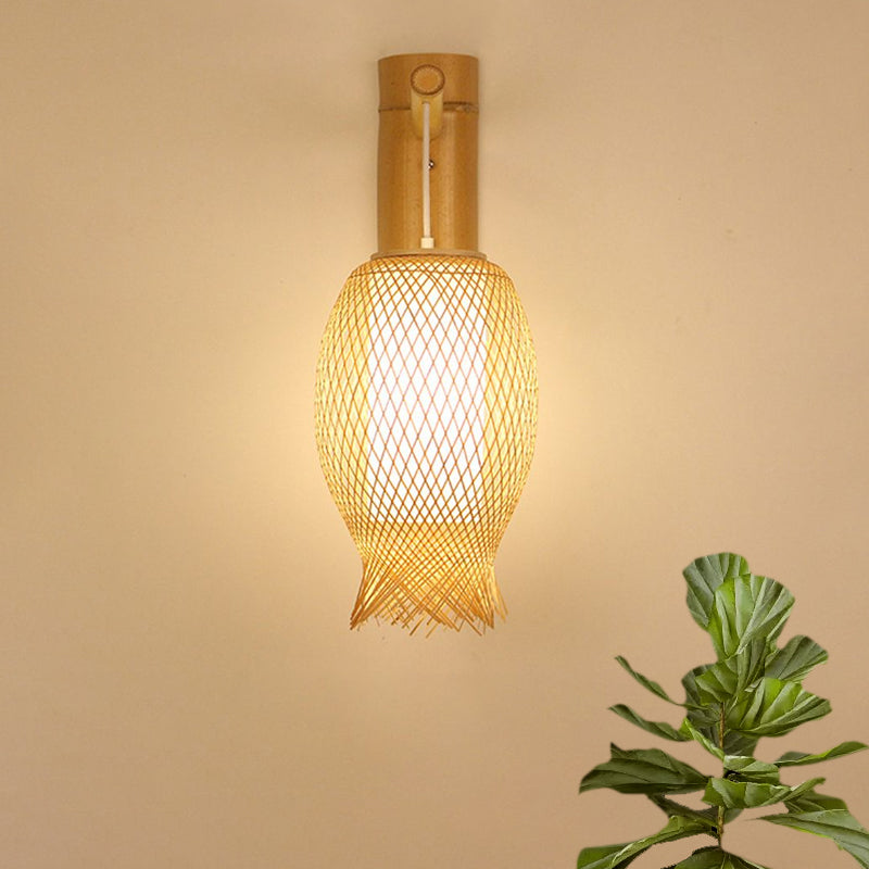 Hand Woven Bamboo Wall Sconce Lighting Asian Style 1 Bulb Beige Wall Lamp with Oblong Shade Clearhalo 'Modern wall lights' 'Modern' 'Wall Lamps & Sconces' 'Wall Lights' Lighting' 969076