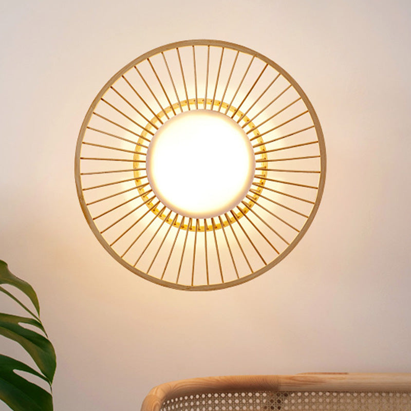 Single Head Living Room Wall Mounted Light Asian Style Beige Wall Sconce Lamp with Circular Bamboo Shade Beige Clearhalo 'Wall Lamps & Sconces' 'Wall Lights' Lighting' 969078