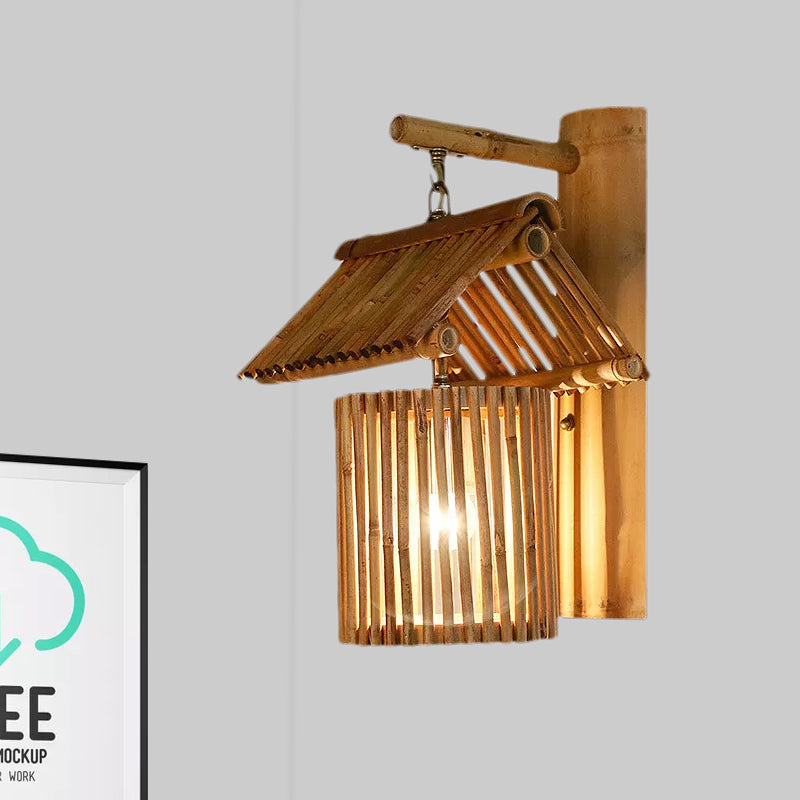 Brown/Wood House Shaped Wall Light Sconce Lodge Stylish 1 Light Bamboo Sconce Lamp for Balcony Clearhalo 'Modern wall lights' 'Modern' 'Wall Lamps & Sconces' 'Wall Lights' Lighting' 969099