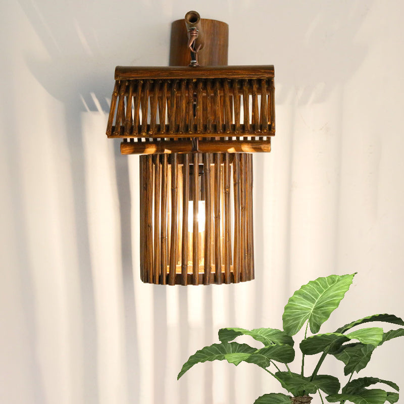 Brown/Wood House Shaped Wall Light Sconce Lodge Stylish 1 Light Bamboo Sconce Lamp for Balcony Clearhalo 'Modern wall lights' 'Modern' 'Wall Lamps & Sconces' 'Wall Lights' Lighting' 969100