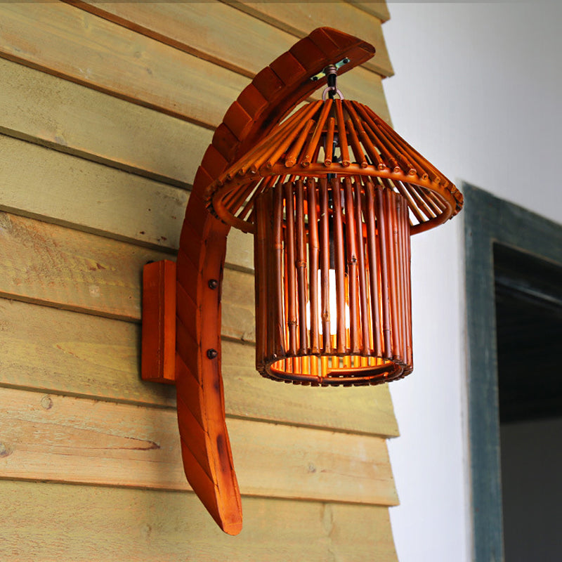 Country Style House Shaped Wall Light Fixture Bamboo 1 Bulb Corridor Sconce Lighting with Arc Arm in Brown Clearhalo 'Modern wall lights' 'Modern' 'Wall Lamps & Sconces' 'Wall Lights' Lighting' 969101