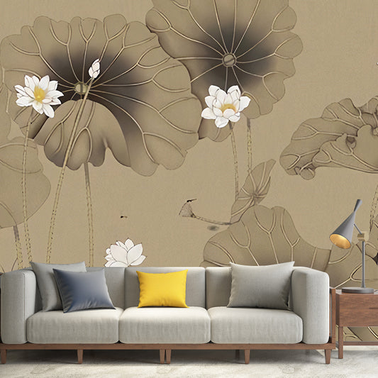 Vintage Lotus Mural Wallpaper for Accent Wall, Full Size Wall Art in Brown and White Clearhalo 'Wall Decor' 'Wall Mural' 969198