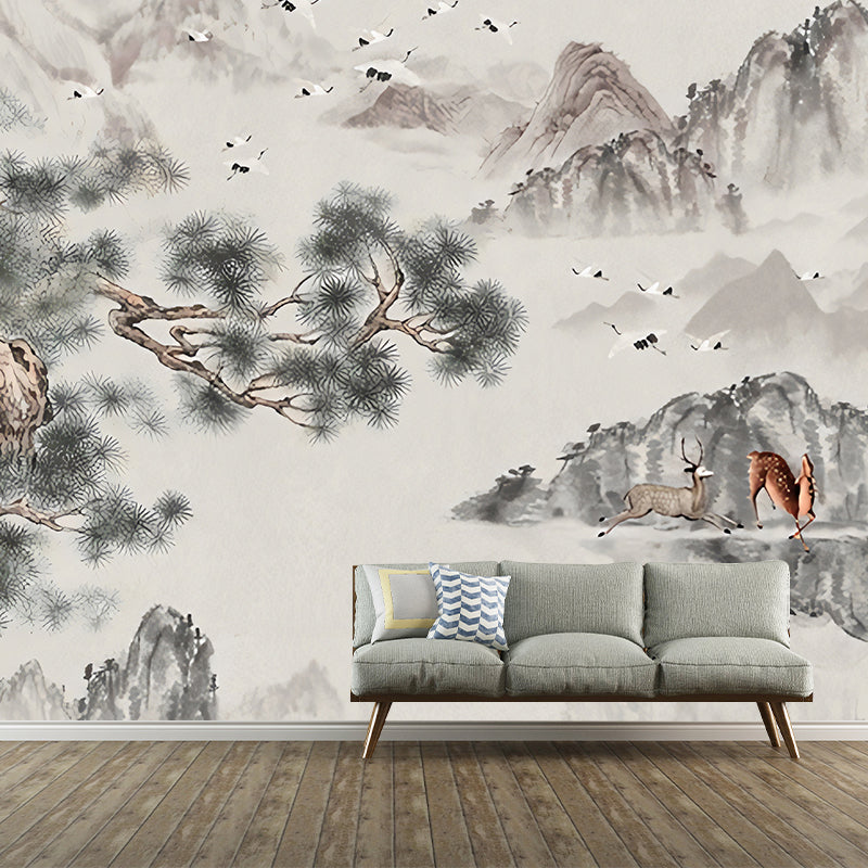 Big Illustration Asia Inspired Wall Mural for Guest Room with Crane and Deer Design in Grey and Green Clearhalo 'Wall Decor' 'Wall Mural' 969308