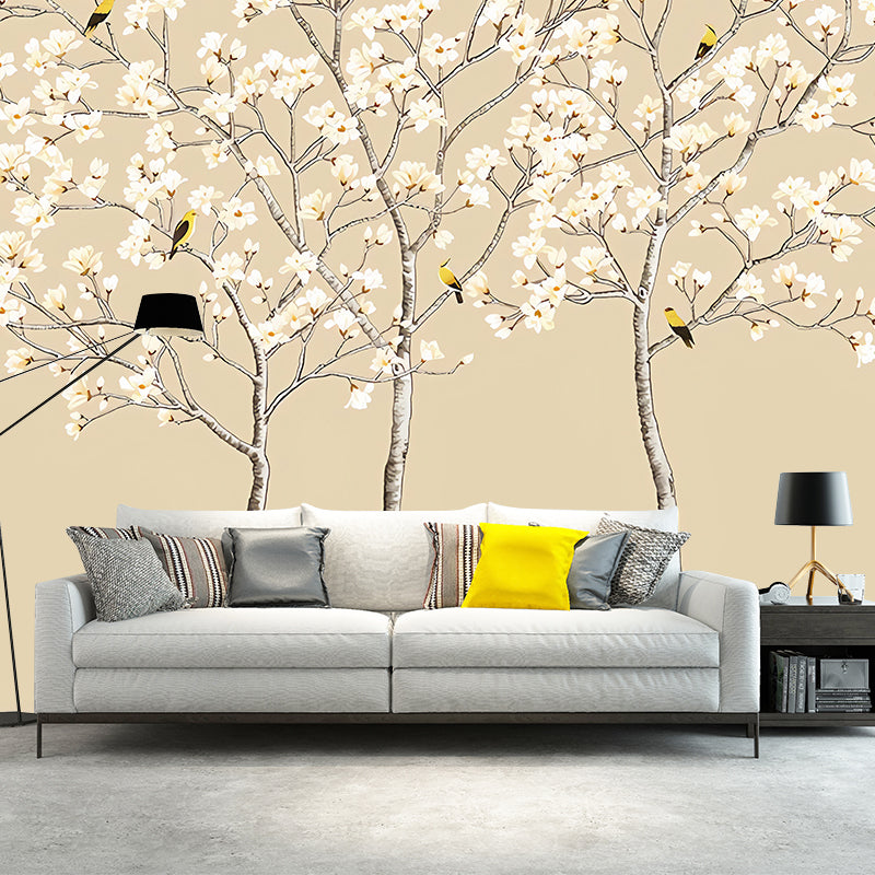 White and Yellow Blossoms Mural Wallpaper Waterproofing Wall Covering for Bathroom Light Brown Clearhalo 'Wall Decor' 'Wall Mural' 969396