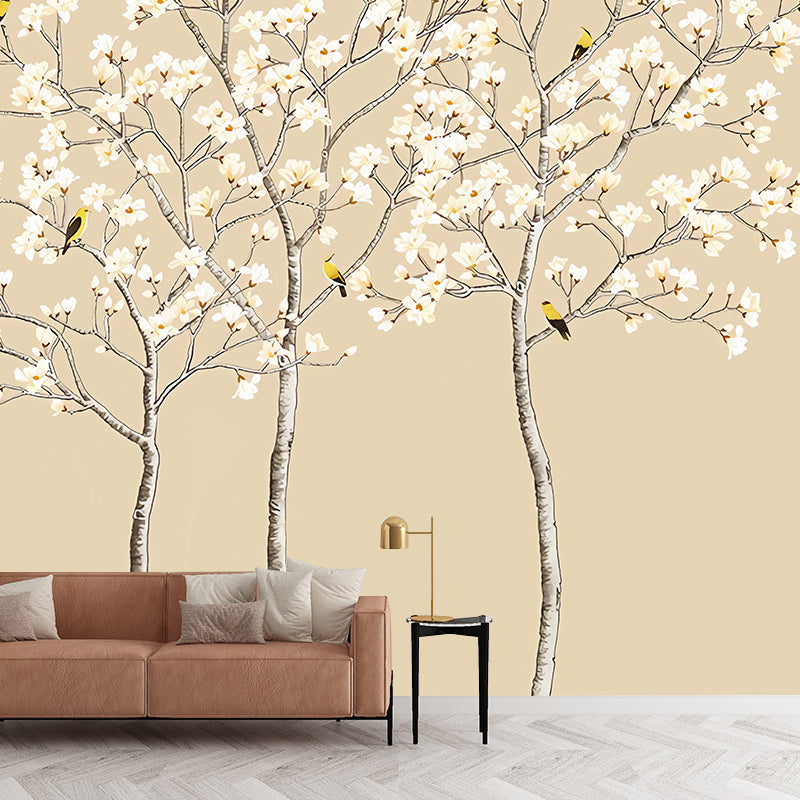 White and Yellow Blossoms Mural Wallpaper Waterproofing Wall Covering for Bathroom Clearhalo 'Wall Decor' 'Wall Mural' 969397