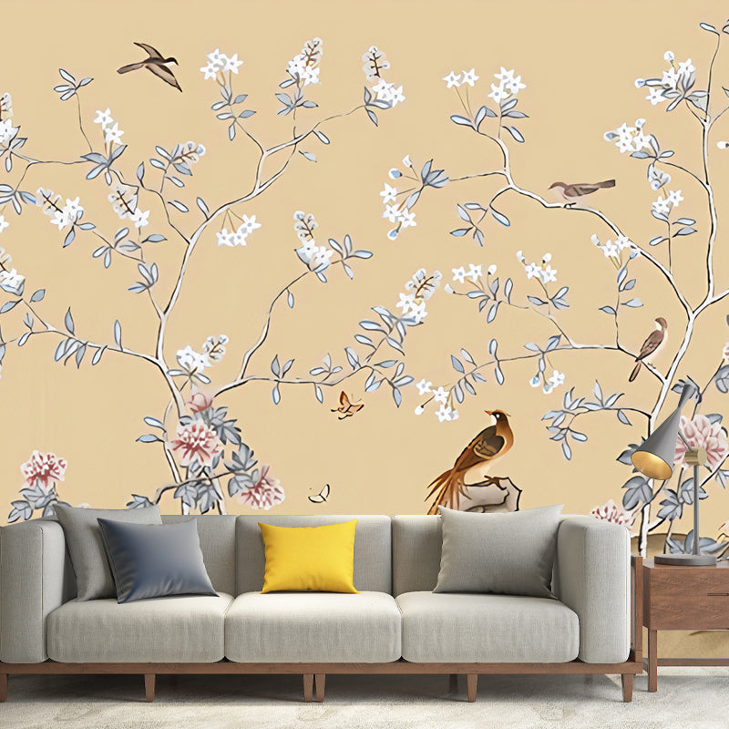 Big Bird and Flower Mural for Bedroom Luxurious Leaf Wall Covering in Yellow, Water-Resistant Light Yellow Clearhalo 'Wall Decor' 'Wall Mural' 969421