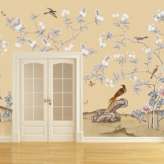 Big Bird and Flower Mural for Bedroom Luxurious Leaf Wall Covering in Yellow, Water-Resistant Clearhalo 'Wall Decor' 'Wall Mural' 969422