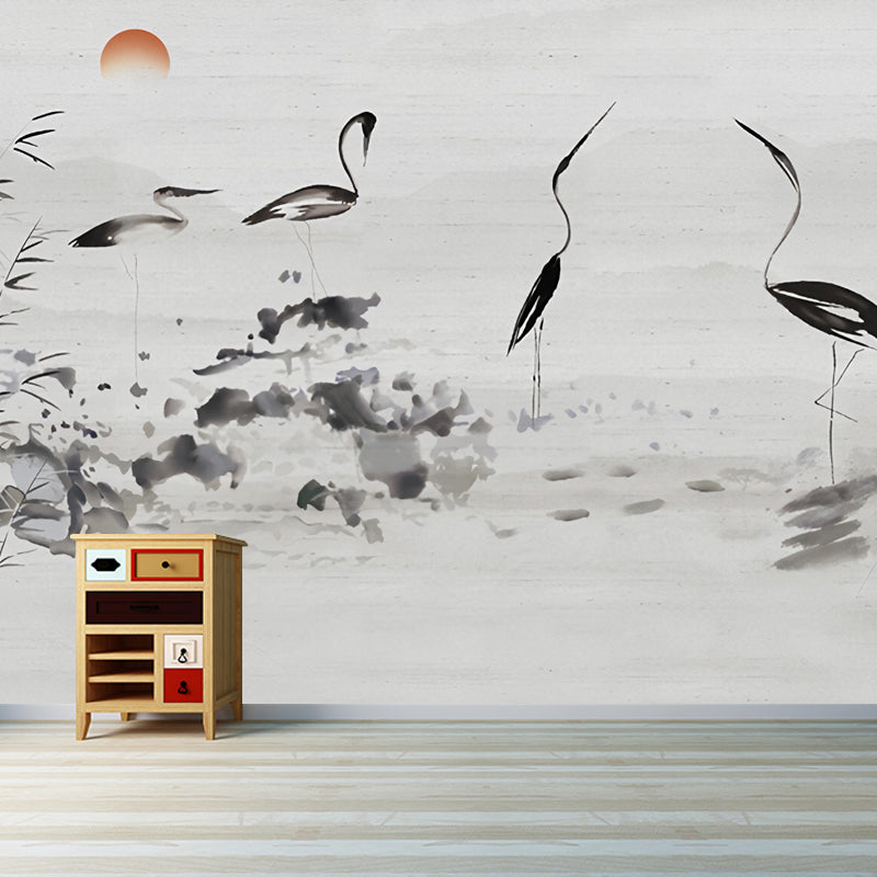 Traditional Crane Wall Mural for Accent Wall, Pastel Grey, Customized Size Available Clearhalo 'Wall Decor' 'Wall Mural' 969457