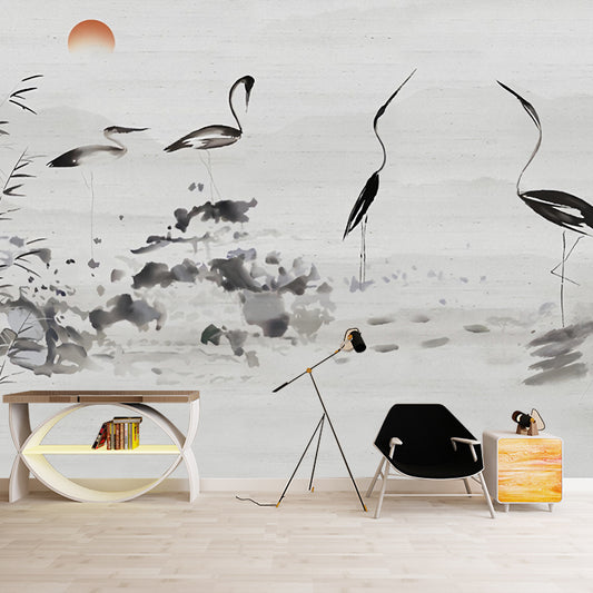 Traditional Crane Wall Mural for Accent Wall, Pastel Grey, Customized Size Available Clearhalo 'Wall Decor' 'Wall Mural' 969458