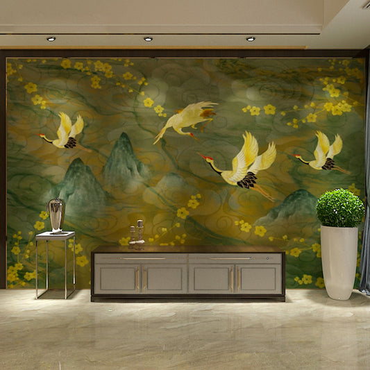 Big Mural with Plum Blossom and Crane Design Yellow and Green Non-Woven Wall Art for Home Decor, Made to Measure Clearhalo 'Wall Decor' 'Wall Mural' 969462