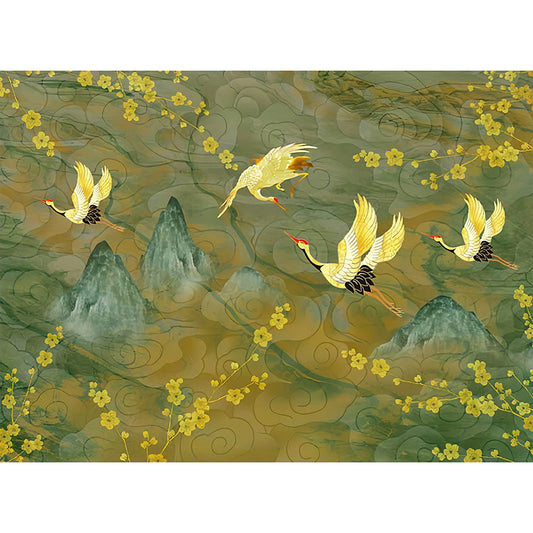 Big Mural with Plum Blossom and Crane Design Yellow and Green Non-Woven Wall Art for Home Decor, Made to Measure Clearhalo 'Wall Decor' 'Wall Mural' 969464