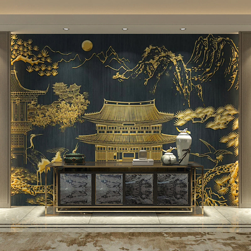 Big Traditional Tower Wall Art Gold Non-Woven Fabric Mural Wallpaper for Home Decor, Custom-Made Gold Clearhalo 'Wall Decor' 'Wall Mural' 969496