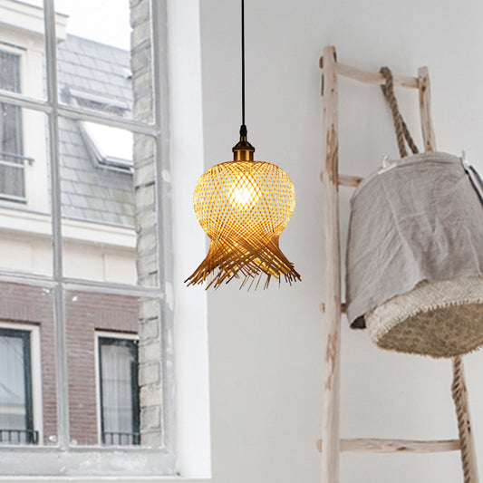 Jellyfish Shape Hand-Woven Bamboo Hanging Lamp Asian 1-Light Beige Pendant Light for Restaurant Clearhalo 'Ceiling Lights' 'Pendant Lights' 'Pendants' Lighting' 969511