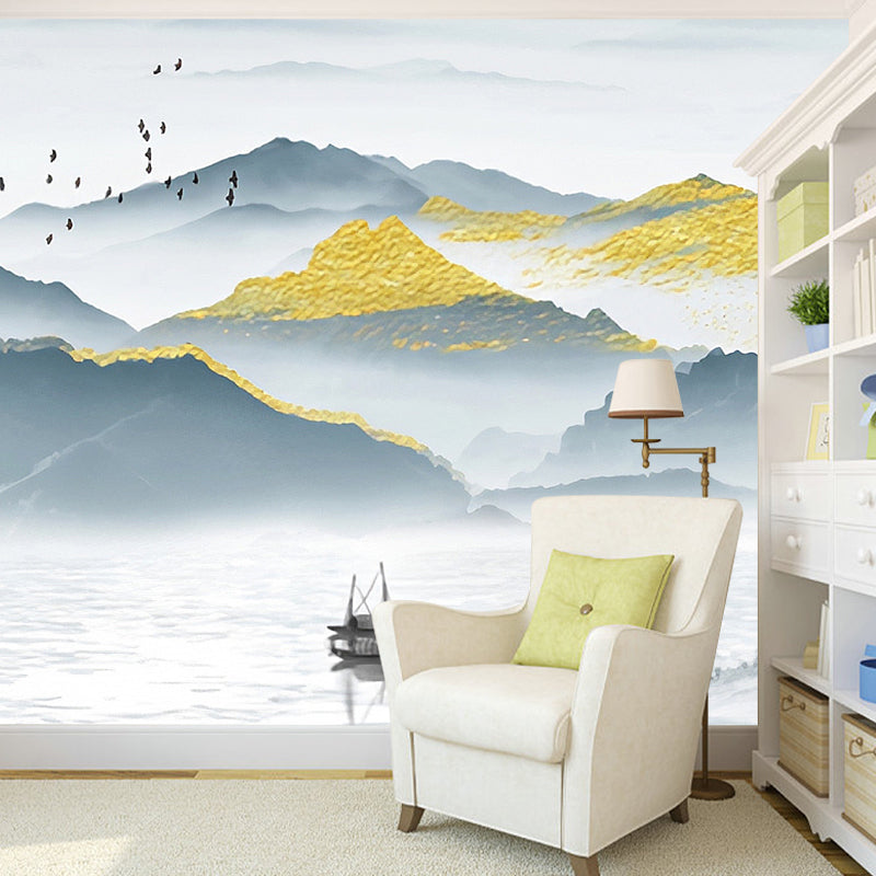 Vintage Mountain and River Mural for Accent Wall, Extra Large Wall Covering in Blue and Grey Clearhalo 'Wall Decor' 'Wall Mural' 969527